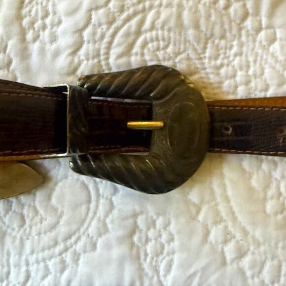 Al Beres USA Wage Sterling Silver Overlay Buckle & Leather Brown Belt - Picture 1 of 6